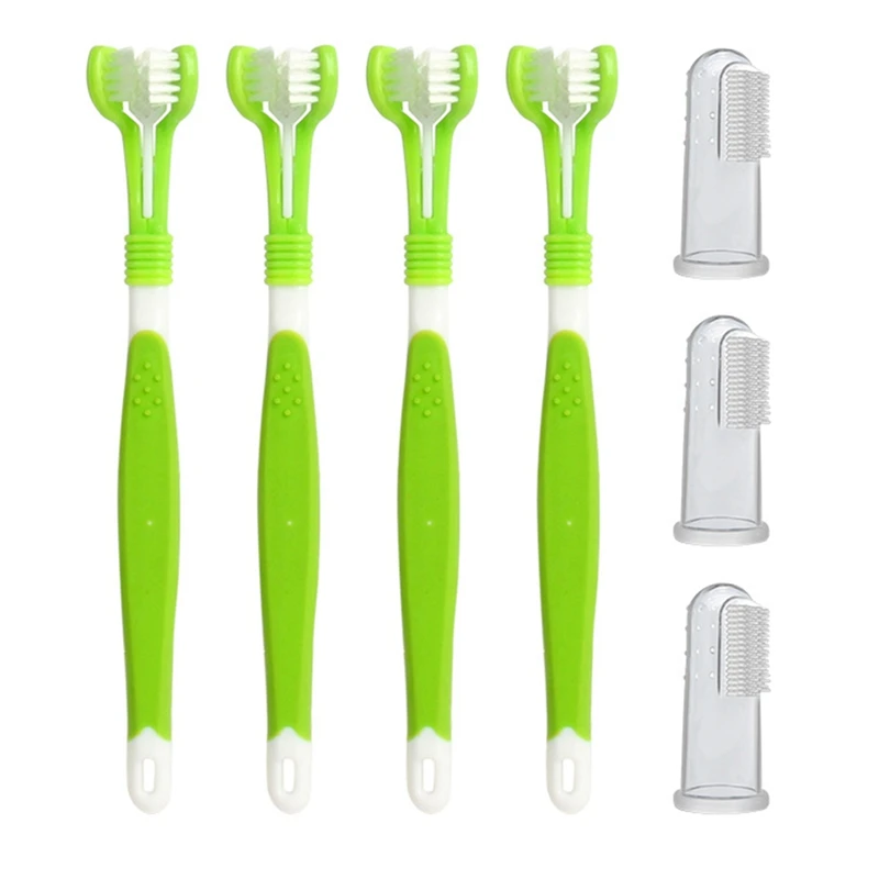 

Зубная щетка для домашних питомцев, 4 зубных щетки с 3 головками, резиновые зубные щетки для пальцев, щетки для чистки с несколькими углами