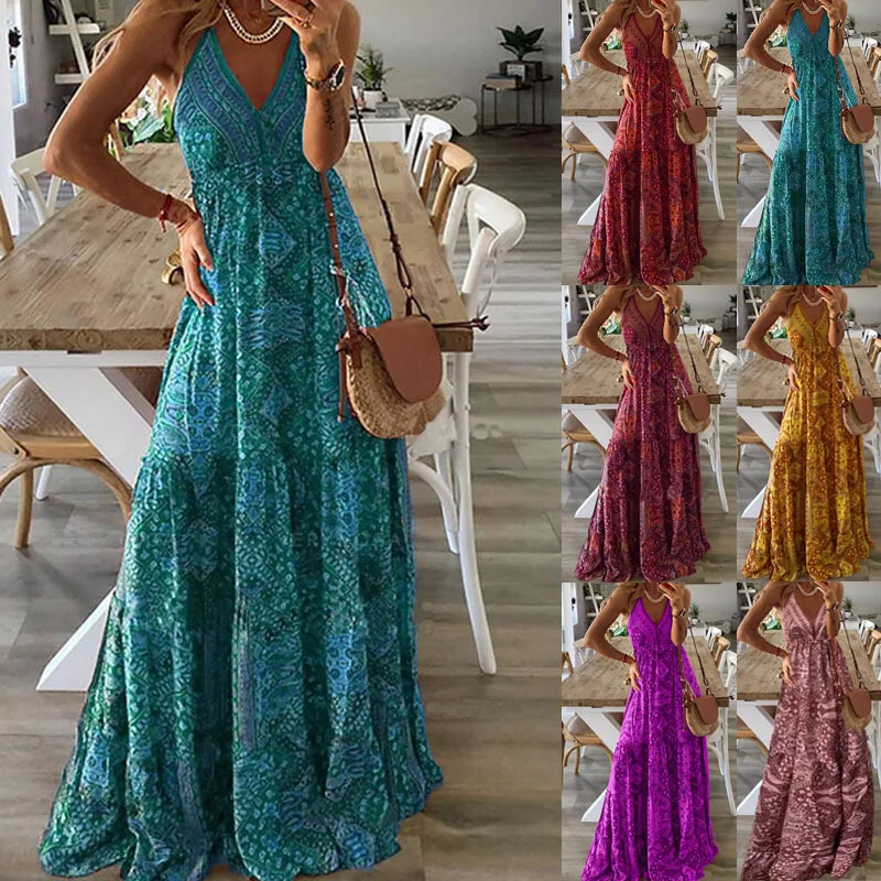 

Summer Dress Print Spaghetti Strap 2022 New Bohemian Sleeveless Backless Deep V Neck Dress for Beach Women's Clothing Hot