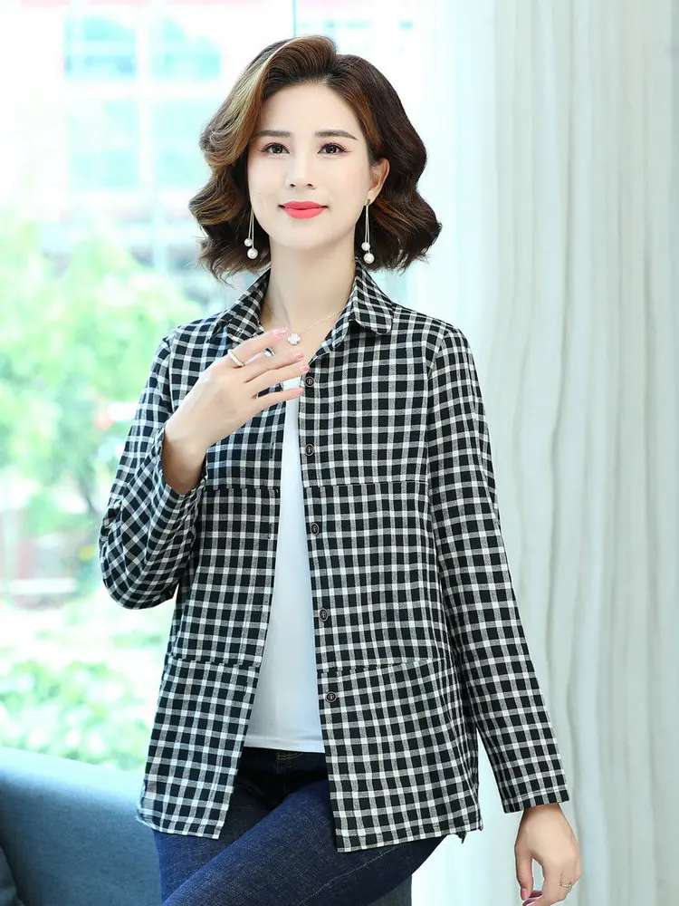 Рубашка женская клетчатая с отложным воротником и длинным рукавом из хлопка |