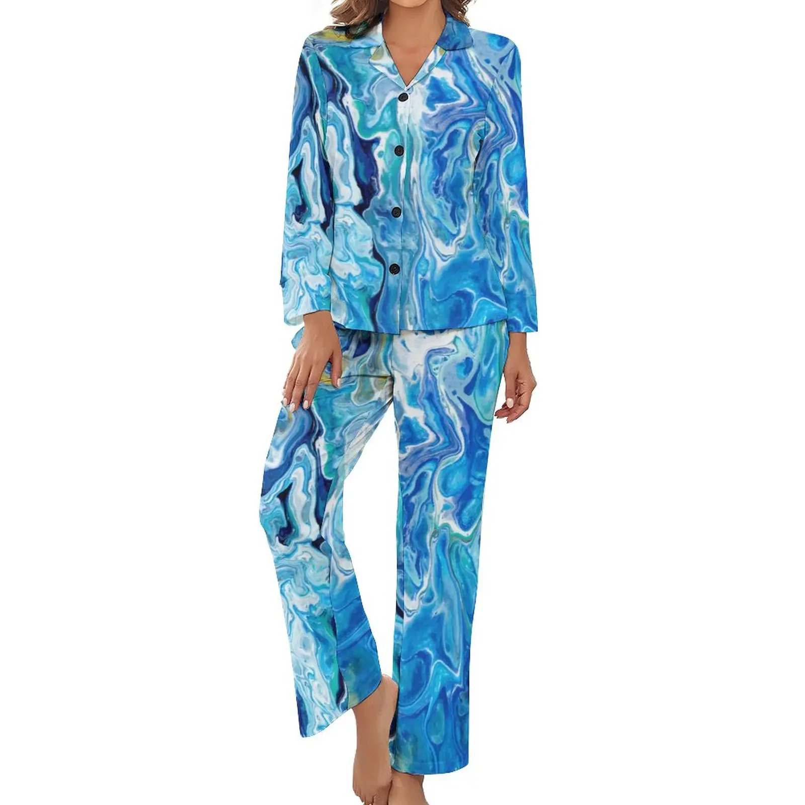 

Ocean Blue Marble Pajamas Womens Modern Art Print Trendy Home Suit Long-Sleeve Two Piece Aesthetic V Neck Graphic Pajamas Set