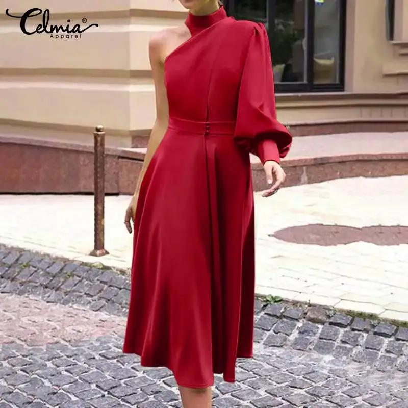 

2022 Fashion Waisted Robes High Collar Streetwear Elegant Satin Vestiods Celmia Long Puff Sleeve Women One-shoulder Midi Dress