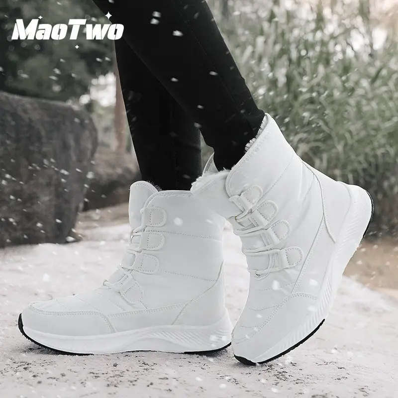 

Женские ботинки на шнуровке, белые Нескользящие водонепроницаемые теплые ботильоны на толстой подошве, Повседневные Плюшевые модные мягки...