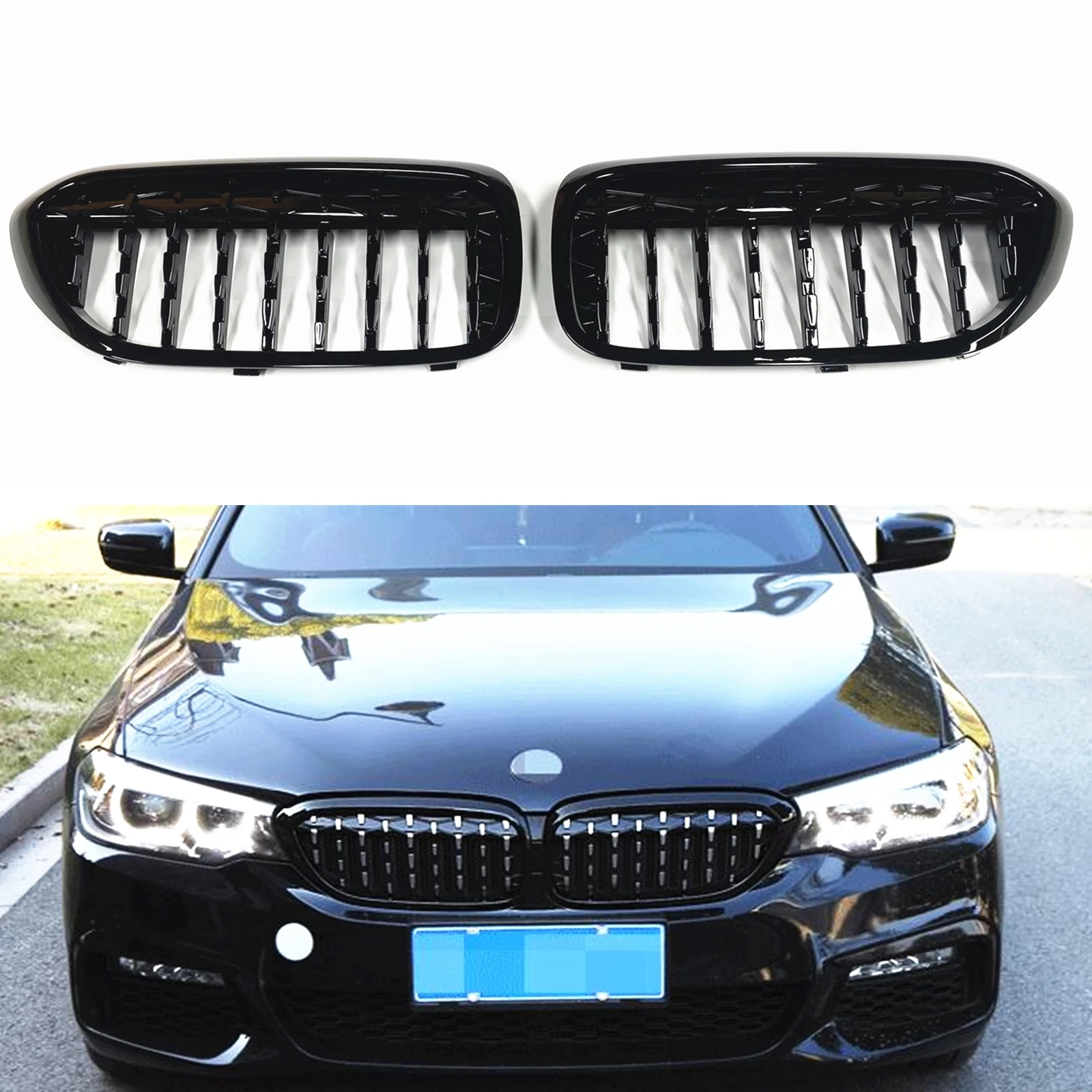 

2pcs Front Kidney Grille For BMW G30 G38 5 Series 2017-2019 All Black Car Upper Bumper Air Vent Hood Mesh Body Kit Racing Grills