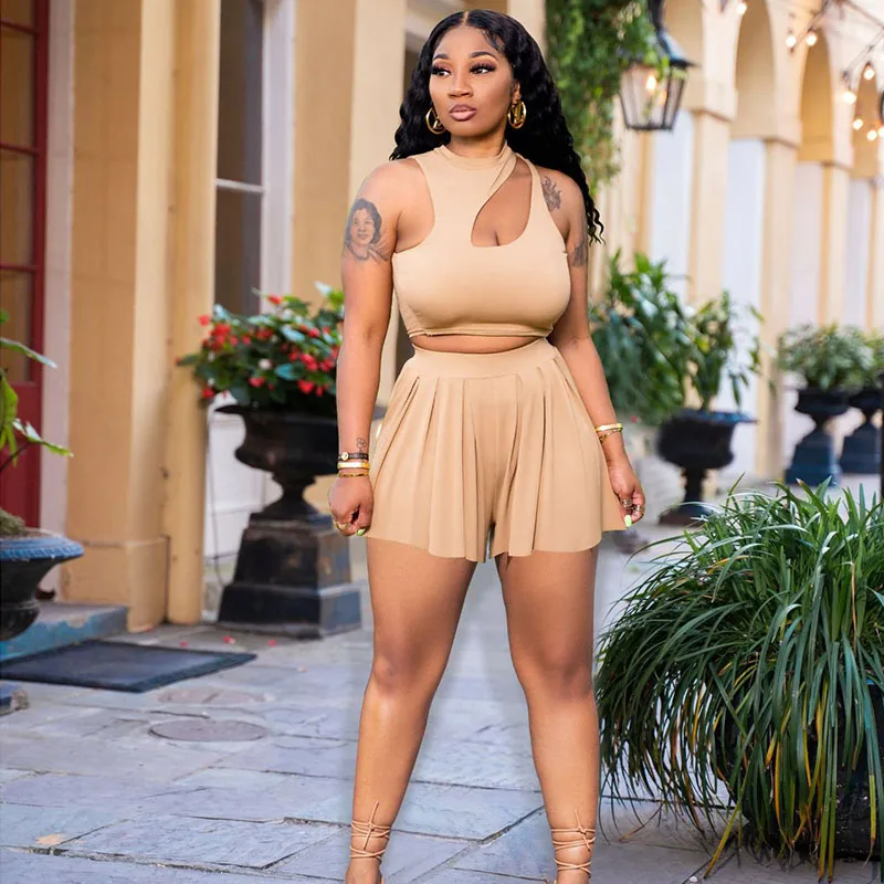 

Sexy Two Piece Set Summer Clothes for Women Cut Out Crop Top Pleated Shorts Skirts 2 Piece Club Birthday Outfits Matching Sets