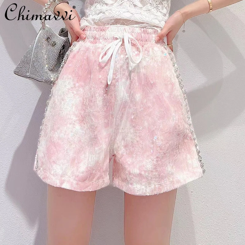 

2022 Summer Korean Fashion Sweet Sequined Casual Shorts Women's Fairy Luxury Rhinestone High Waist Slimming Wide Leg Hot Pants