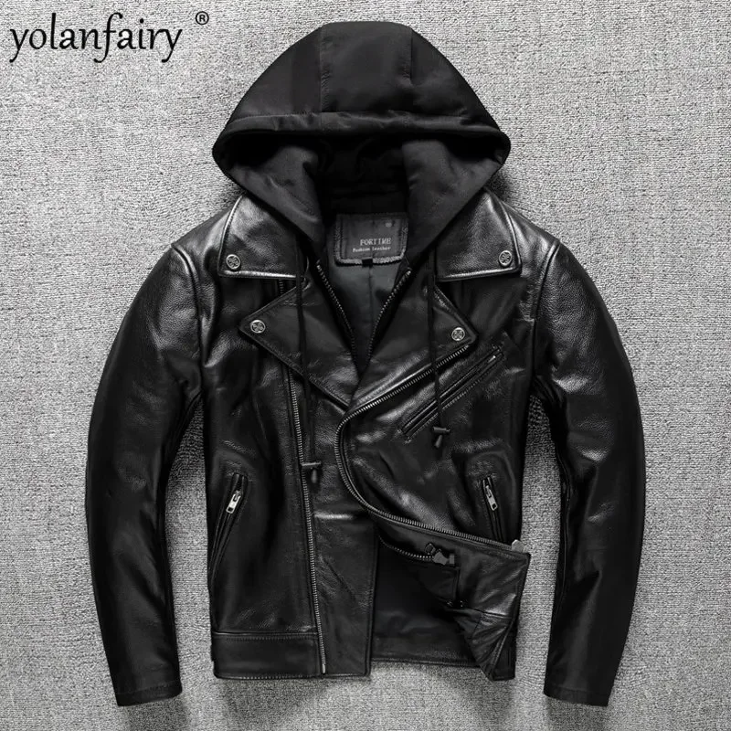 

Мужская мотоциклетная куртка из натуральной воловьей кожи, со съемным капюшоном