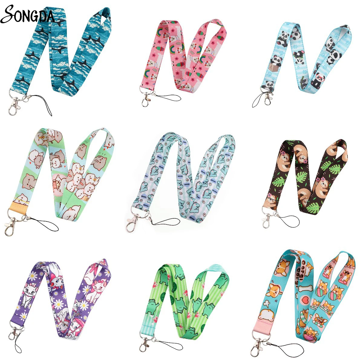 

Dog Cat Lazy Sloth Frog Dinosaur Panda Cute Animal Cartoon Print Ribbon Lanyards Keychains ID Card Badge Holder Neck Rope Straps