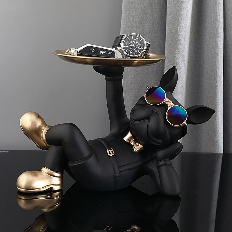 

Nordic Resin Bulldog Crafts Dog Butler with Tray for keys Holder Storage Jewelries Animal Room Home decor Statue Dog Sculpture
