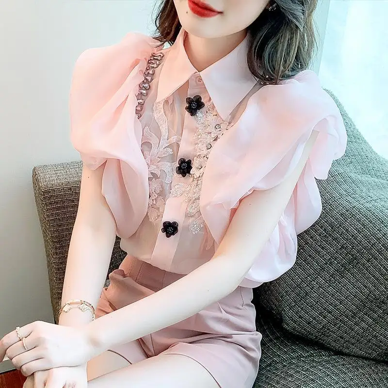 

Woman Summer New Sweet Chic Mesh Casual Tops Female Temperame Tops Turn-down Collar Lace Shirt Ladies Chiffon Blouse Top G295