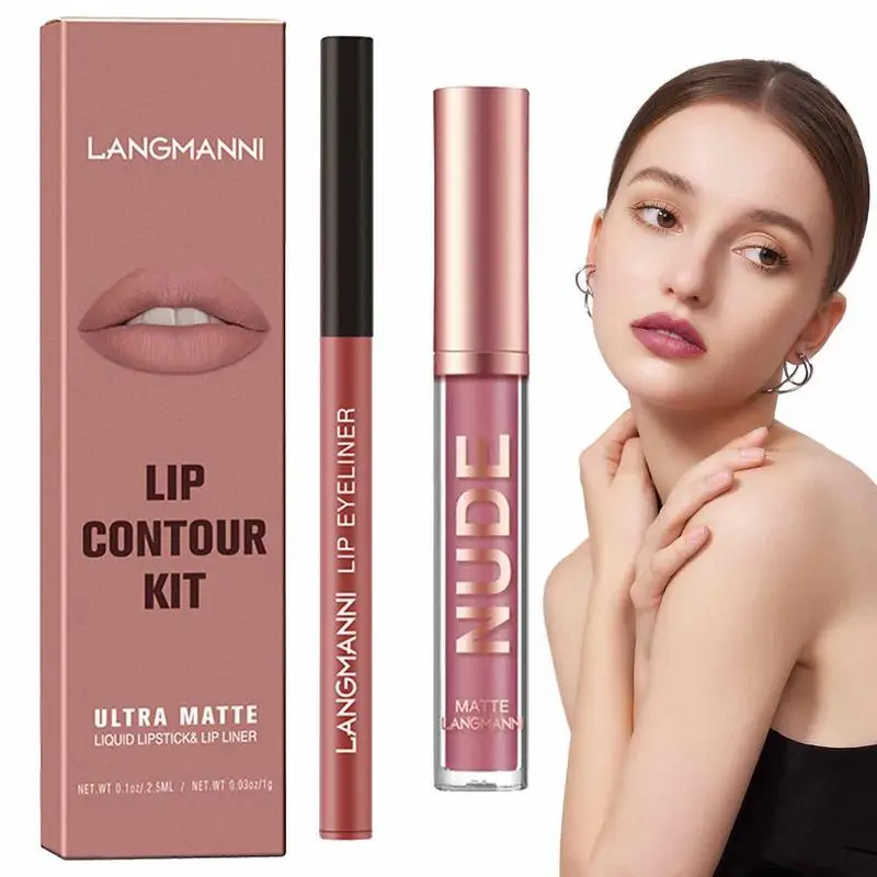 

2PCs Lip Gloss & Liner Set 2g/0.26g Matte Liquid Lipstick Liner Pen Kit Waterproof Moisturize Tint Nude Nonstick Cup Lips Makeup