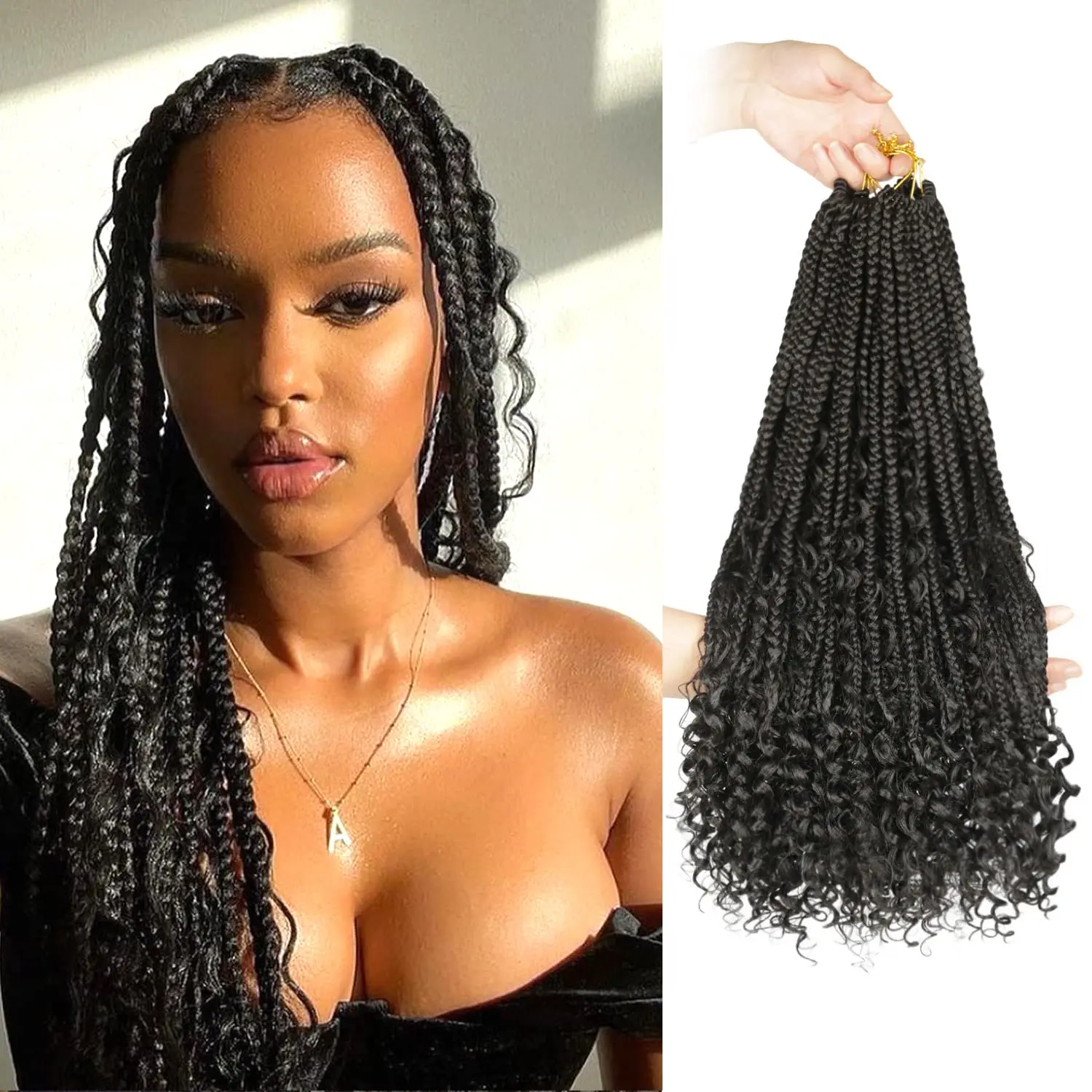 Synthetic Braiding Hair Goddess Box Braids Crochet Hair With Curly Ends 14 Inch Bohomian Box Braids Extension for Black Women