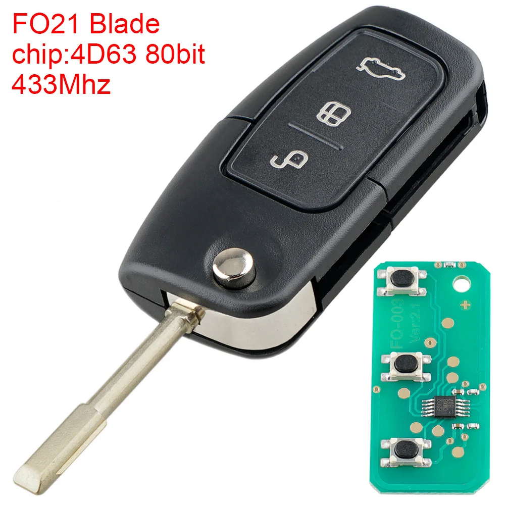 

433Mhz 3 Buttons Remote Car key Replacement Fit for Ford / Monde with 4D63 80Bit Chip, FO21 Blade