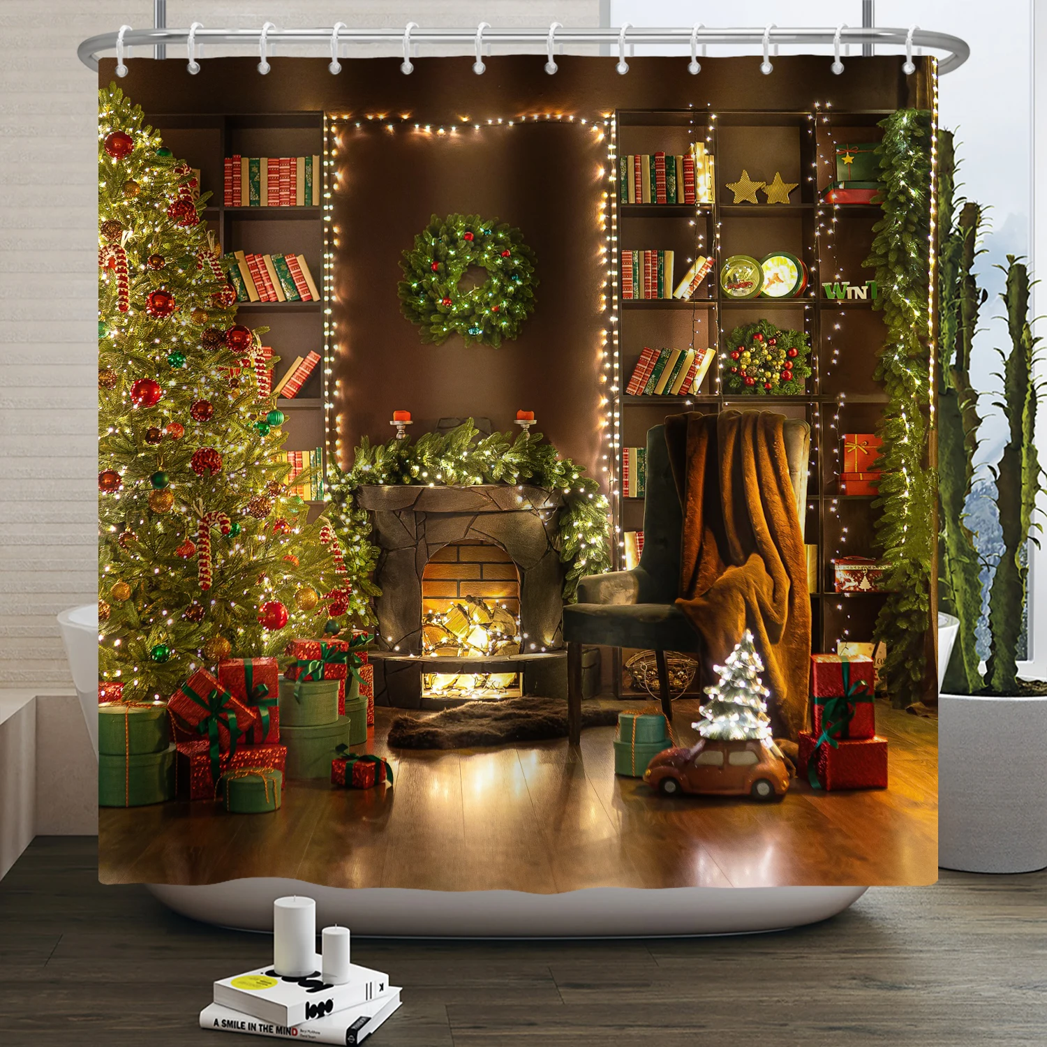 

Christmas Atmosphere Shower Curtains Waterproof Home Bathroom Decor Christmas Tree Garland Fireplace Shower Curtain With Hooks