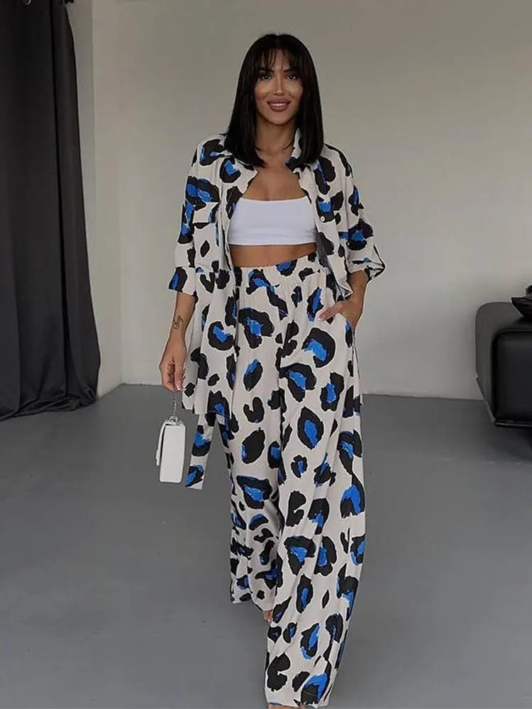 

Women's Leopard Print Shirt 2-piece Set, Casual Long Sleeved Lapel Suit, Loose Wide Leg Pants, Autumn 2 Piece Sets Women Outfit