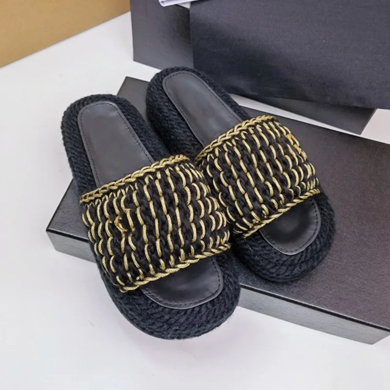 

2022 Spring Summer New Knitted Straw Thick-Soled Ladies Slippers Fashion Outer Wear Casual Net Red Flat Shoes Flip Flops Sandals