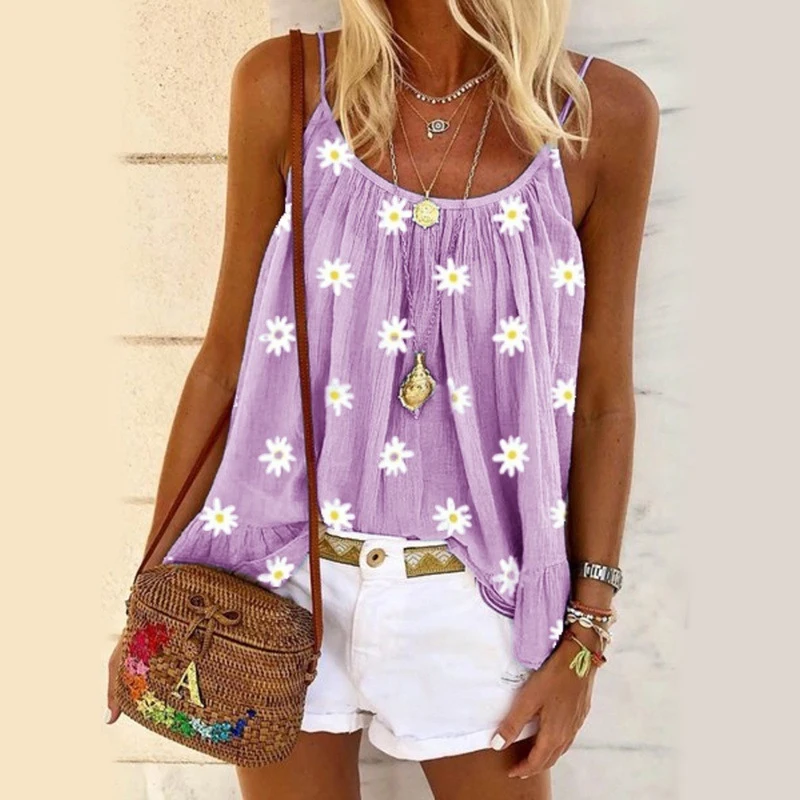 

Женский свободный топ на бретельках с принтом в виде маргариток