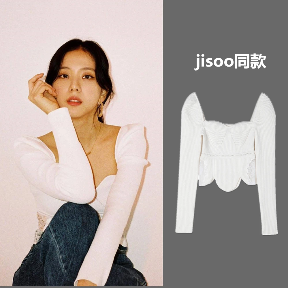 

Kpop JISOO Korean White Lace Puff-Sleeve Shirts Solid Tops Women Streetwear Pullover Sexy Slim Knitted Short Square Neck Blouses