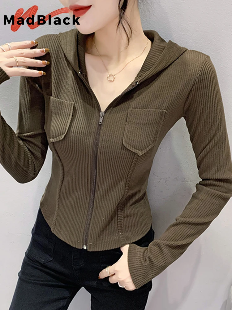 

Madblack Autumn and Winter Hooded Sweatshirt Glitter Sequins Cardigan Long Sleeves Short Women's Tops Outwear T21402X