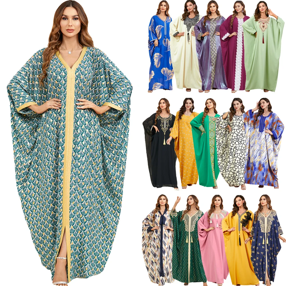 

Moroccan Muslim Casual Fashion Women Abaya Bat Sleeve Loose Maxi Dress Dubai Kaftan Arab Party Jalabiya Ramadan Islam Caftan Eid