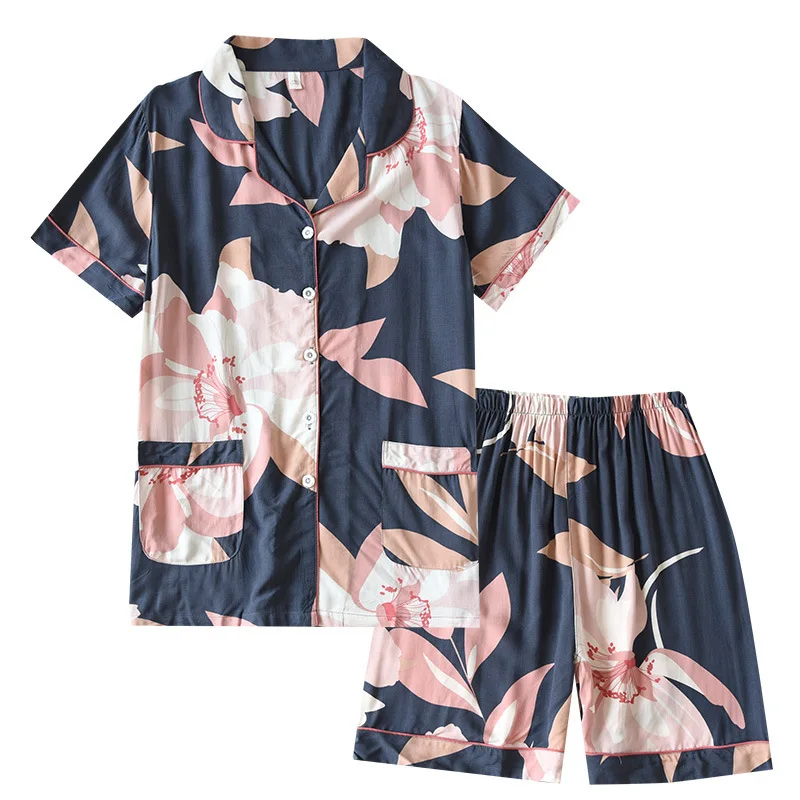 Summer Pajamas Set For Lady Viscose Thin Soft Pyjamas Sleepwear Set Elegant Printed Loungewear Set For Women Sleeping
