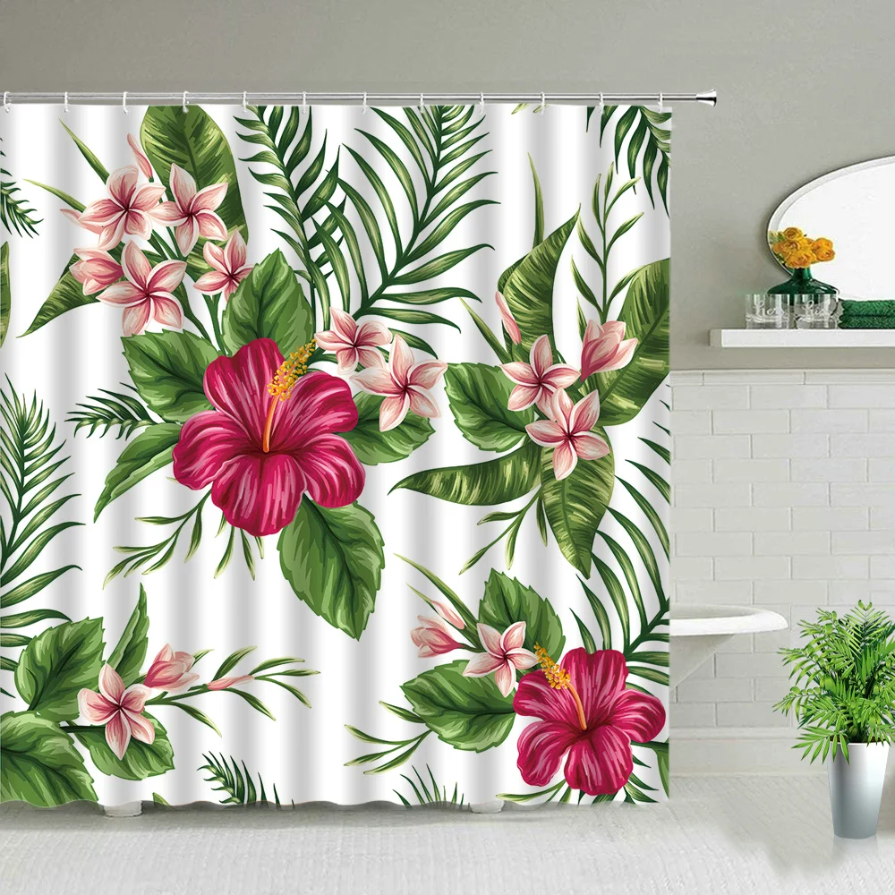 S Green Leaves Flower White Fabric Waterproof Polyester Bathroom Accessorie Bath Curtain Home Decor