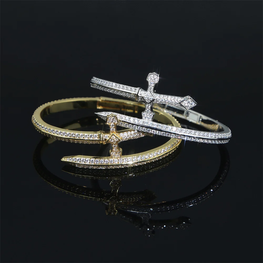 Men Sword of Justice Design Open Bangles Micro Paved CZ Zircon Cuff Bracelets for Male Hiphop Party Jewelry Gold Plated