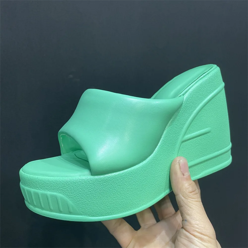 2023 Summer New Wedge Platform Mink Fur round Head Slip-on Slippers High Heel Sandals Large Size Women's Shoes