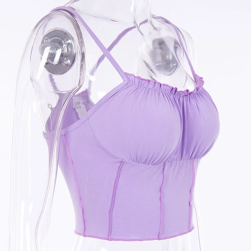 

Sexy Spaghetti Straps Ruffles Crop Women Purple Backless Sleeveless Camisole Top Female Skinny Bralette clothing clothes brandy