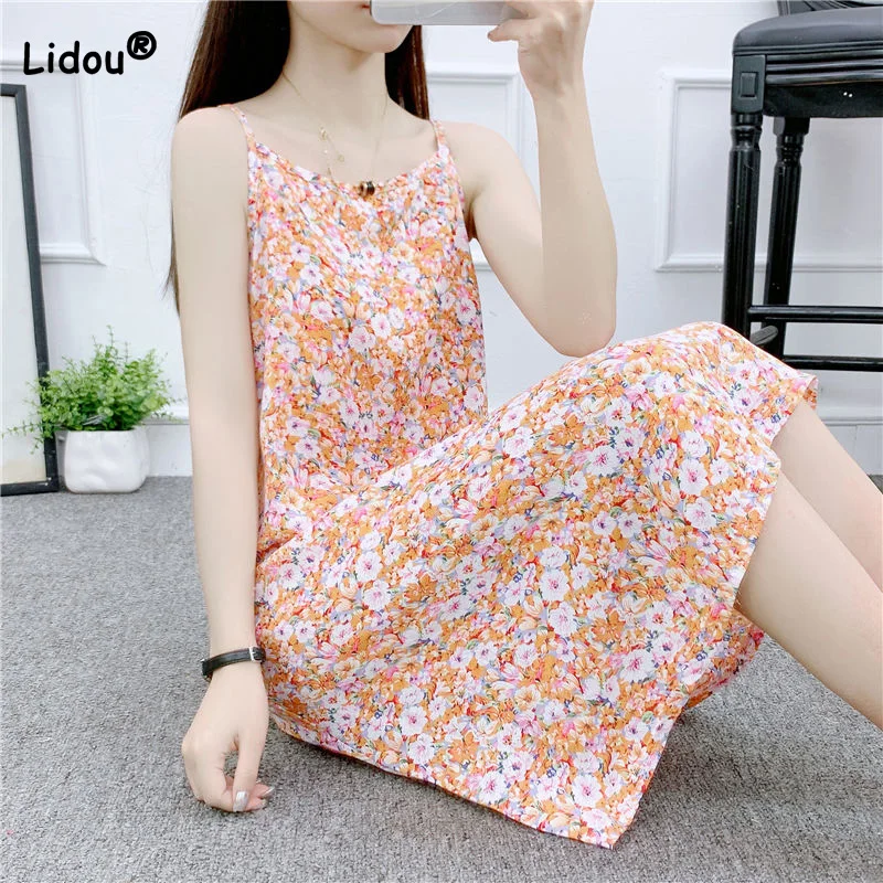 Купи Bohemian Slip Dress Square Collar Broken Flower Printing Summer Clothes Fashion Sleeveless Midi Payment Loose Beach Dress Women за 990 рублей в магазине AliExpress