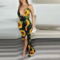 2022 new sunflower print sleeveless deep v neck sexy long maxi dress backless bandage cut out dresses