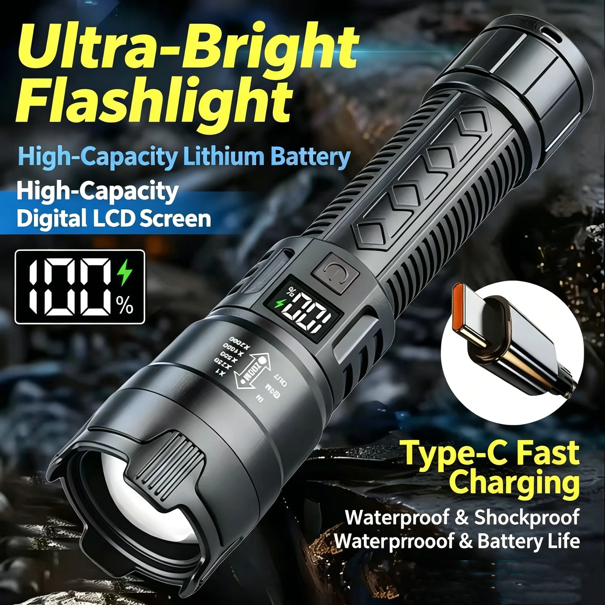 Rechargeable LED Flashlight With Power Display High Power Torch Light Outdoor Waterproof Camping Lantern