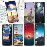 phone case for samsung s7 edge 8 9 10 10e plus lite 20 plus ultra s21 fe case soft silicon cover cartoon scenery girl lighthouse