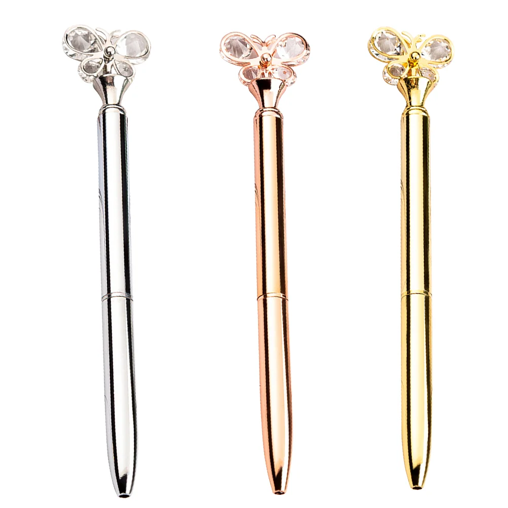 

3pcs Ball-point Pen Metal Crystal Ballpoint Pens Stationery for Home School Office (Rose Gold, Golden, Silver, 3pcs/Pack)