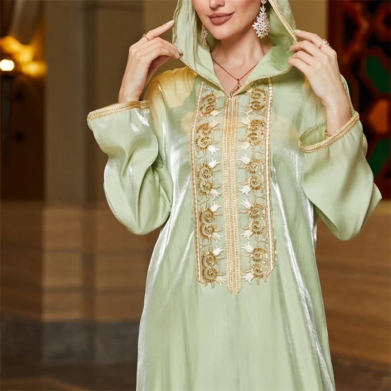 Floral Embroidery Lace Tape Hooded Dress Luxury Diamonds Solid Color Shiny Abaya For Women Dubai 2023 New in Dresses