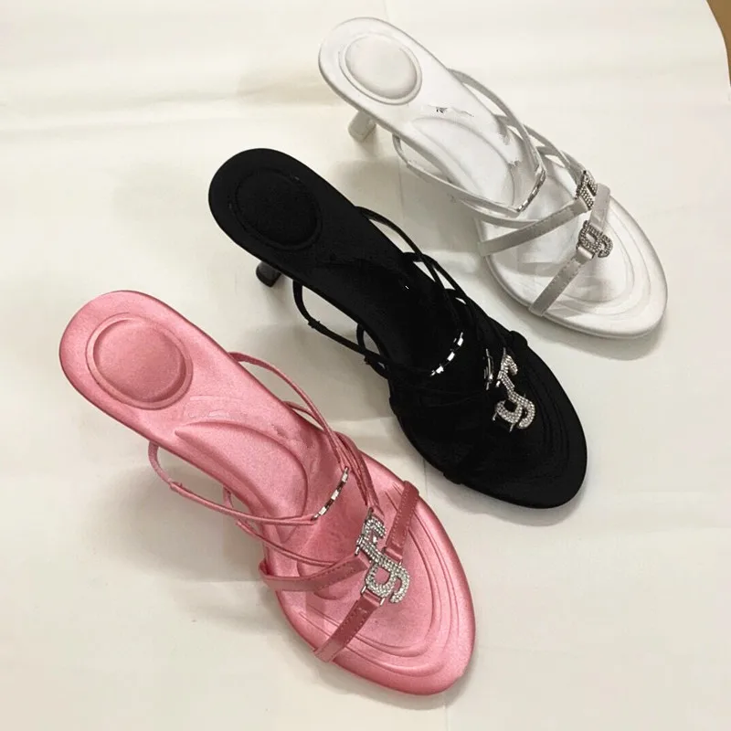Women's Slippers 2023 Summer New High Heel Fashion Banquet Ribbon Silk Rhinestone Letter Thin Heel Open Toe Slippers