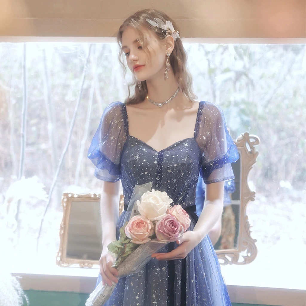 

Блестящее официальное платье для выпускного вечера, Тюлевое платье с пышными рукавами и квадратным вырезом, облегающее блестящее сказочно...