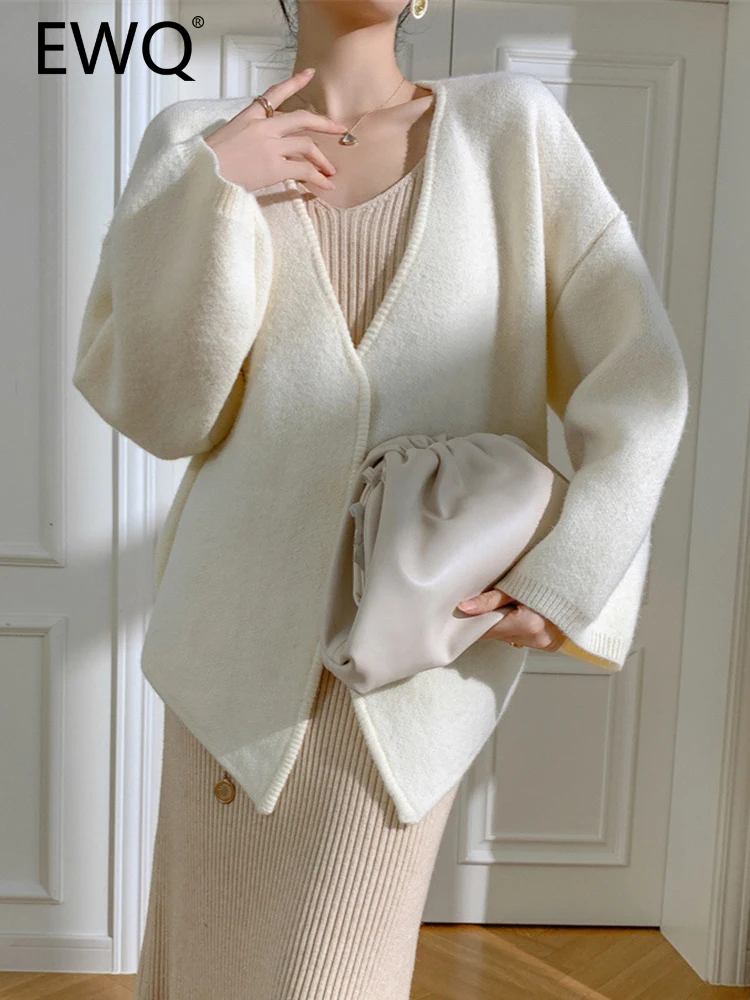 

EWQ High End Knitting Cardigan Sweater For Women Solid V Neck Long Sleeve Elegant Loose Female Coat 2023 Autumn New 26D5105
