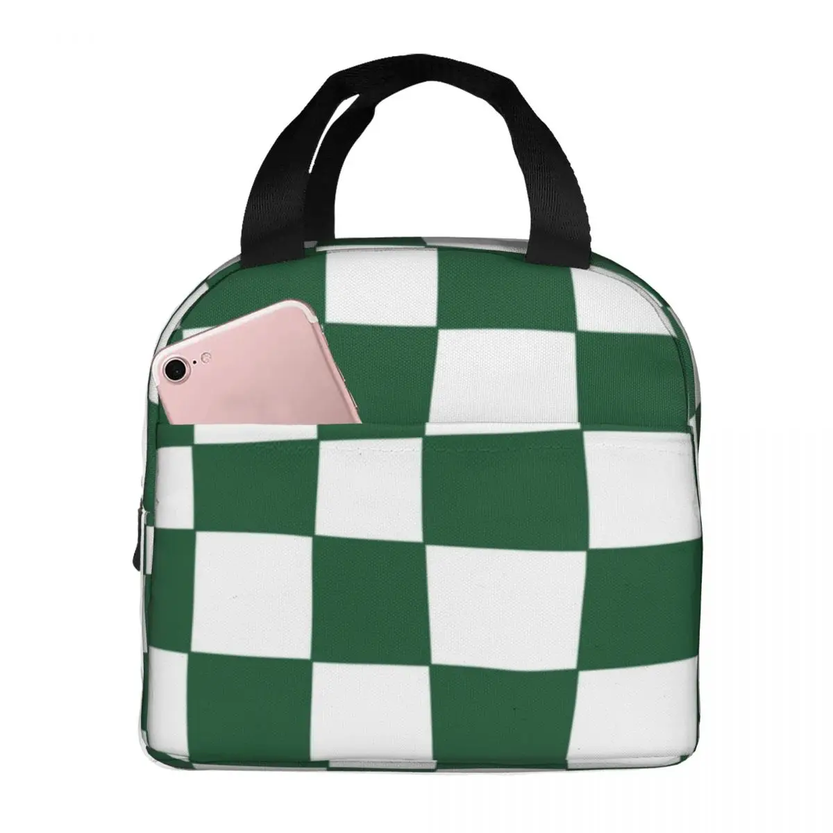 

Checkerboard Green Pattern Lunch Bags Waterproof Insulated Canvas Cooler Thermal Food Picnic Lunch Box for Women Girl
