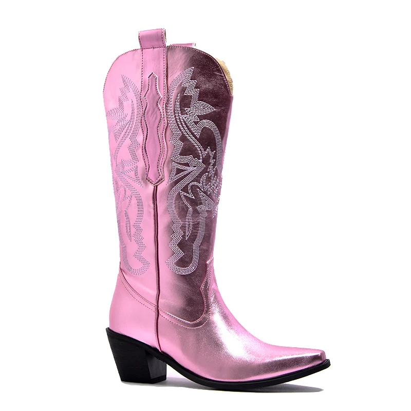 Pink embroidered solid color net red with the same western cowboy boots 43 size white mid-tube rider boots