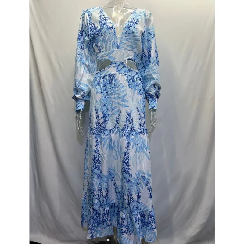 Новое весеннее длинное платье с модным принтом сексуальное глубоким v-образным