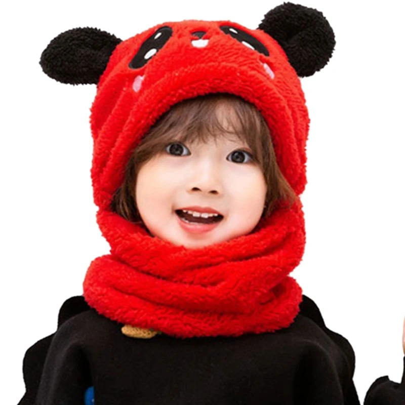 

2021 Cartoon Hat Face Scarf Baby Hats Design Knitted Cap Baby Girls Plus Fleece Cute Cat Ears Hats For Kids Winter Children Hats