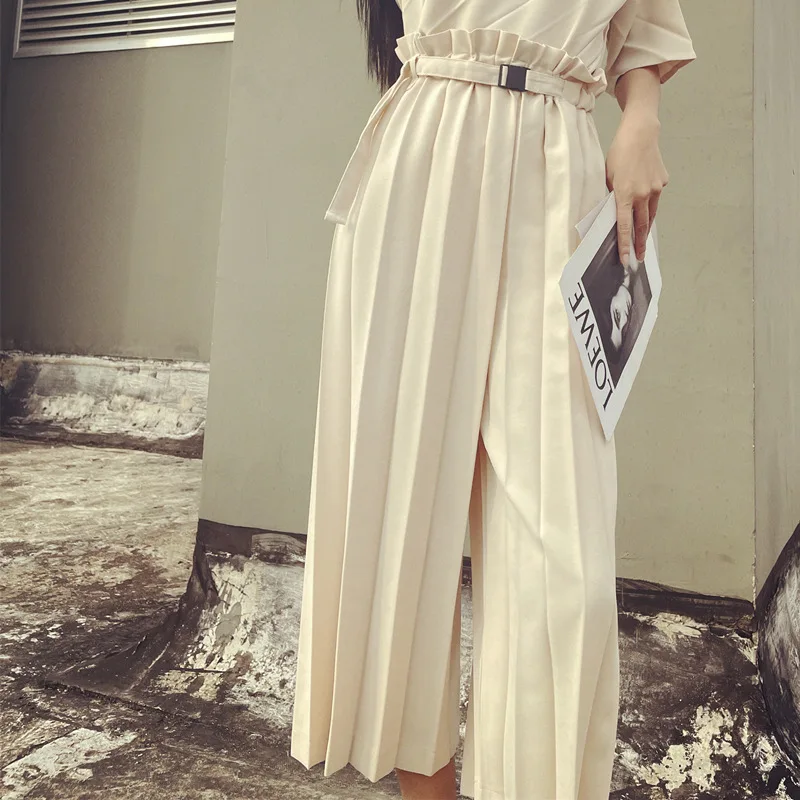 Spring and Autumn Mist Vertical Pattern Wide Pleated Origami Shape Covering Crotch High Waist Buckle Belt Wide Leg Pants Ladies