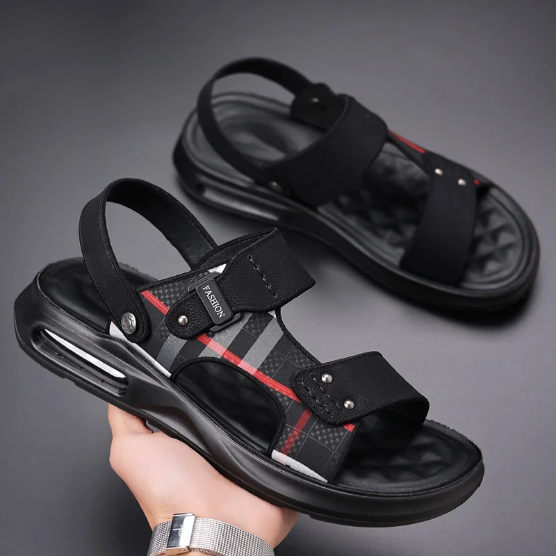 

Мужские сандалии и тапки из натуральной кожи, коричневые дышащие пляжные туфли с сетчатым швом, повседневная обувь для лета, 2023