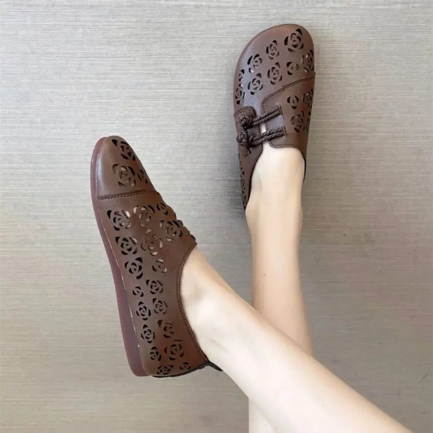 elegant flat shoes women's summer cutout loafers ladies leather moccasins woman slip ons mother green flats shoes free shipping