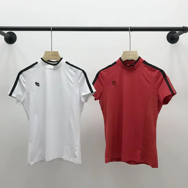 

Han Golf Women's Short Sleeve T-shirt Mesh Breathable Quick Dry Elastic Thread Half High Collar Golf Underlay