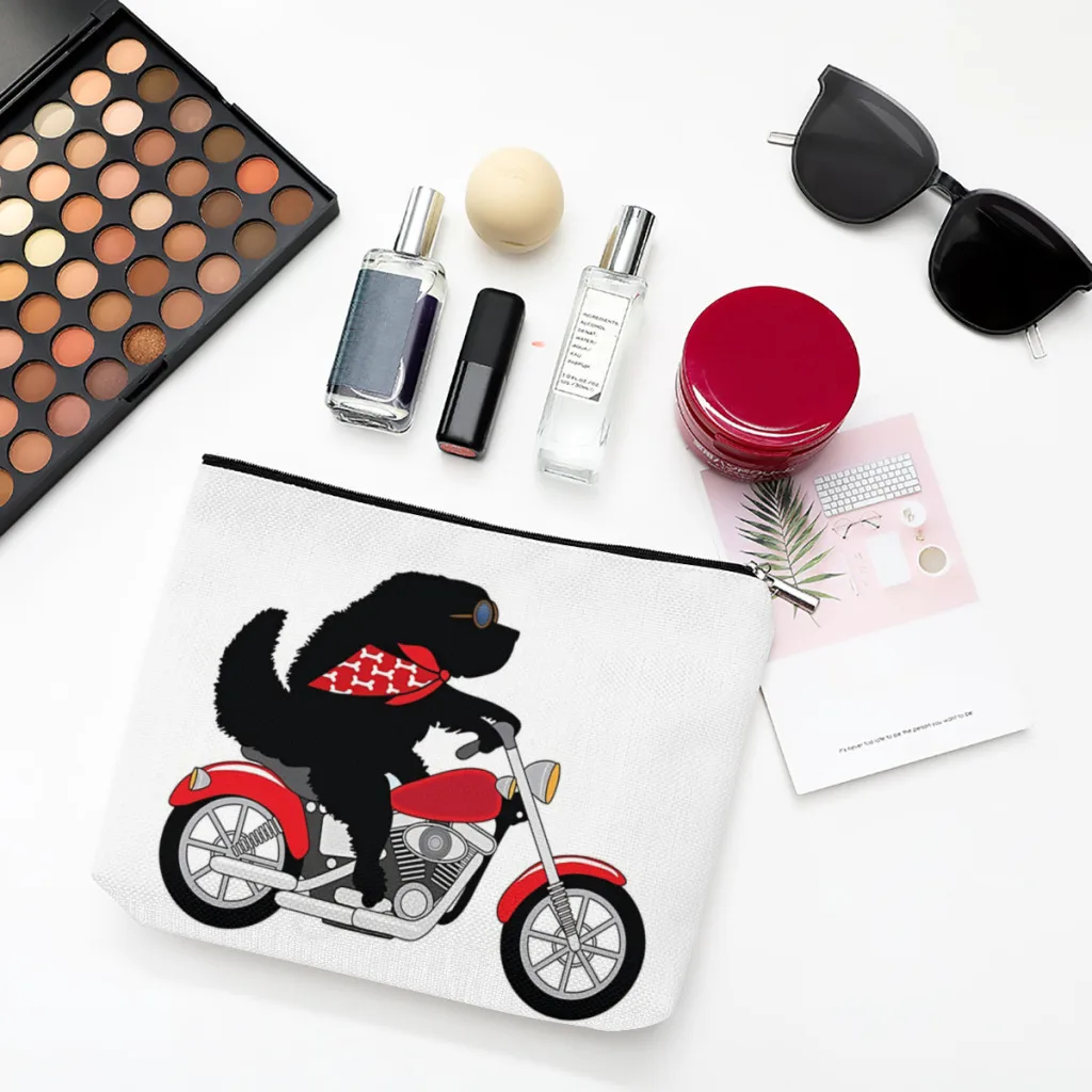 

Just A Newfie Riding a Motorcycle Linen Women Cosmetic Bag Cute Dog Makeup Pouch Lady Tote Purse Zipper Clutch Phone Purse