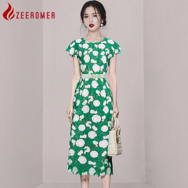

ZEEROMER 2023 Summer Elegant Office Lace Pencil Dress Women O-neck Raglan Sleeve Hollow out Embroidery Belt Bodycon Party Dress
