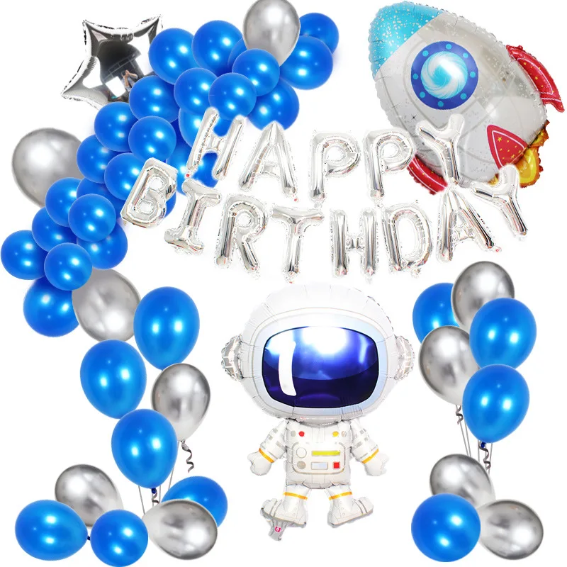 

SURSURPIRSE Spaceman Theme Blue Metallic Silver Latex Astronaut Spaceship Foil Balloon for Boy Girl Birthday Party Decoration