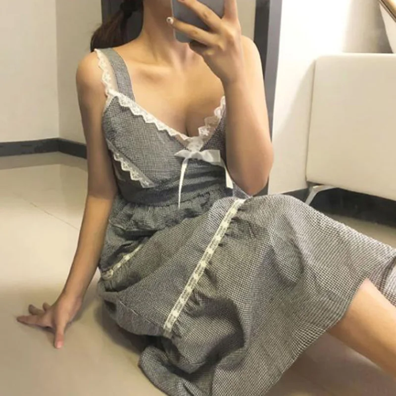 Женская кружевная ночная рубашка в клетку элегантная свободная Ночная на