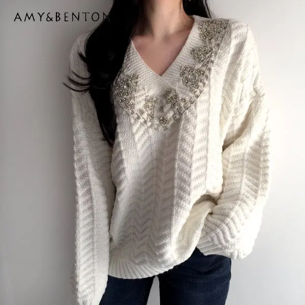 

Autumn and Winter Heavy Industry Manual Beaded V-neck Pullover Sweater Women's Loose Casual Knitted Bottoming Pullover Fashion
